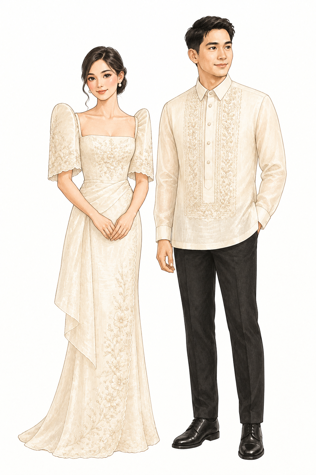 An ecru Filipiniana gown and a cream barong tagalog